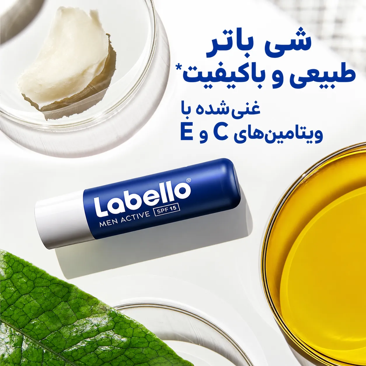 بالم لب لبلو مدل Men Active با بسته‌بندی سرمه‌ای و سفید، در کنار ظرف روغن زرد و مواد طبیعی سبز و سفید